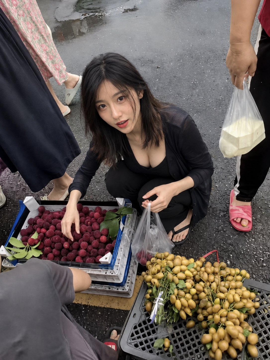 Real street photography scene of an open-air market after rain